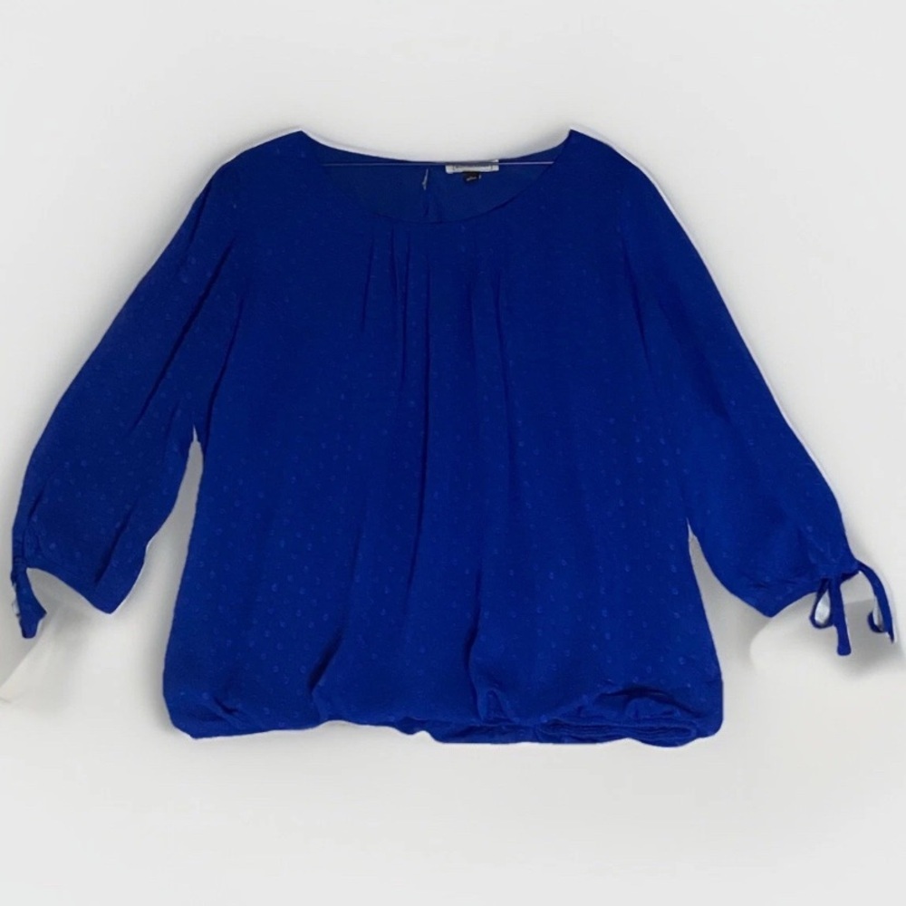 Blousology‎ Blouse Sheer Tie Sleeve Smocked Hem Royal Blue Relaxed Fit Size L